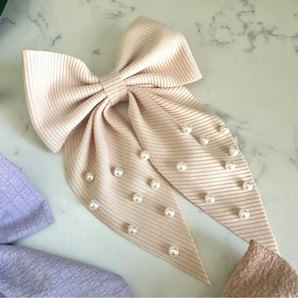 3/$22🩶 Blush Lilac Beige Faux Pearl Bow Barrette Hair Bow Accessories NEW
